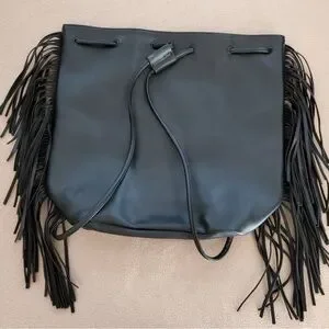 Victoria’s Secret Black Sleek Leather Fringe Backpack Bucket Bag Purse Handbag Victoria main image 4